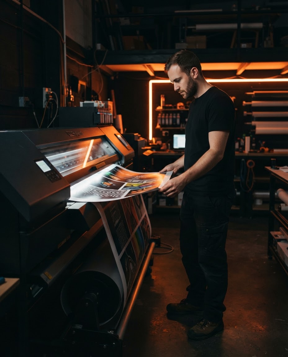 Print technician inspecting high-speed offset press